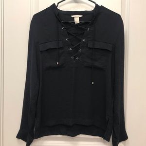 Navy Blue Forever 21 Lace-Up Blouse